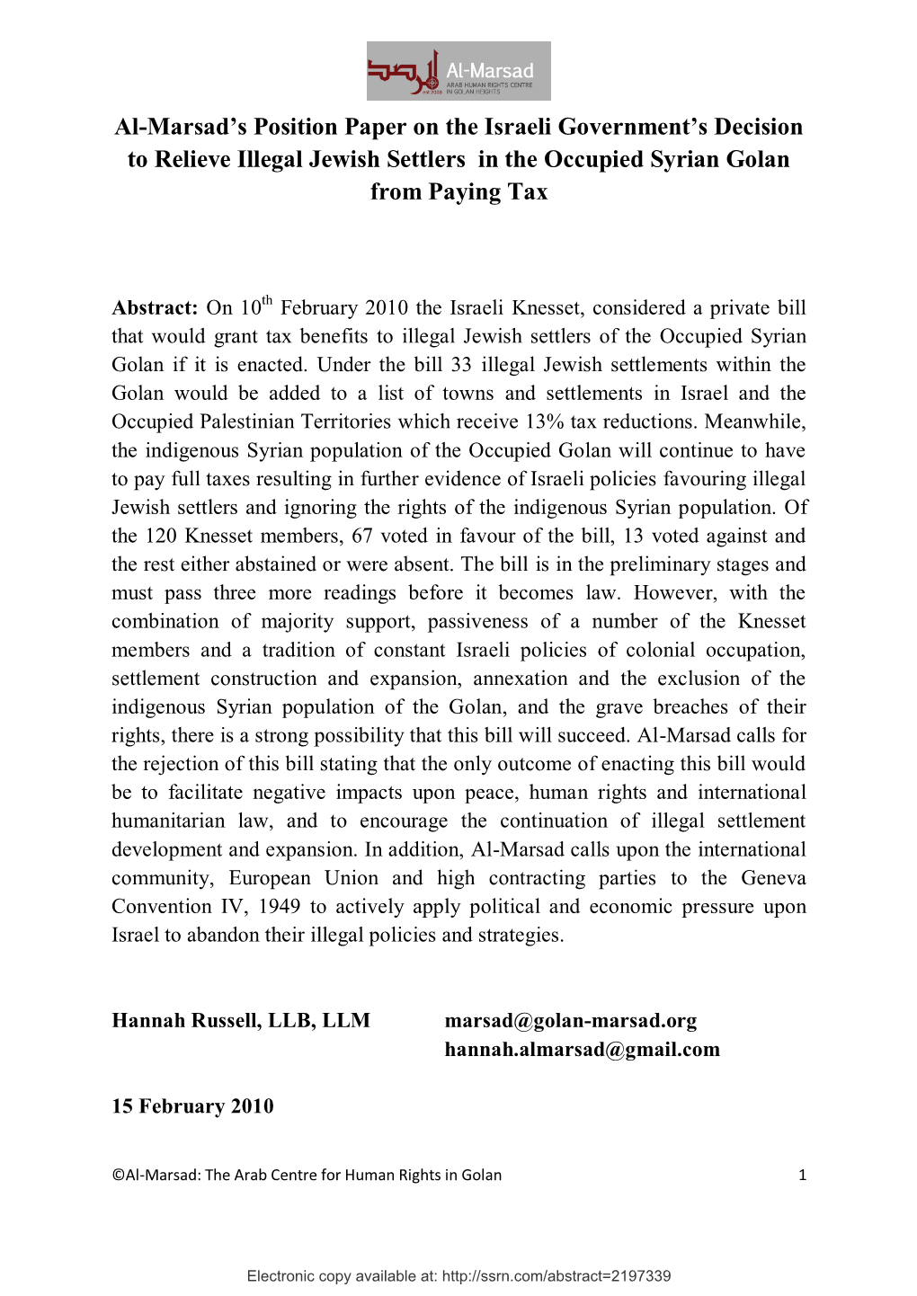 Position Paper on the Israeli Government’S Decision to Relieve Illegal Jewish Settlers in the Occupied Syrian Golan from Paying Tax