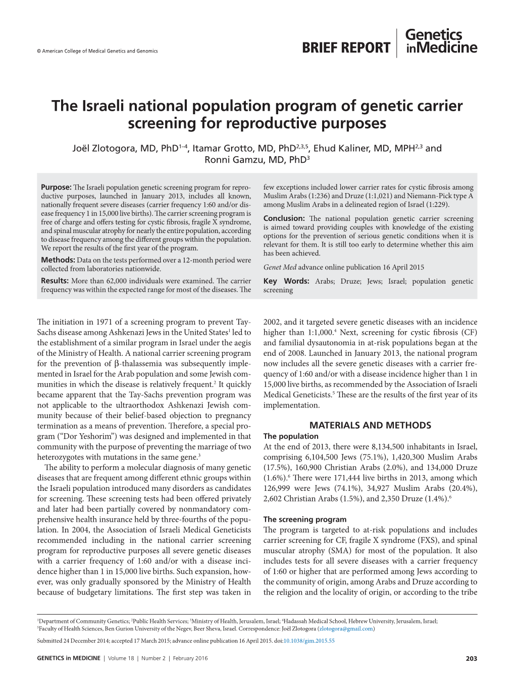 The Israeli National Population Program of Genetic Carrier Screening for Reproductive Purposes