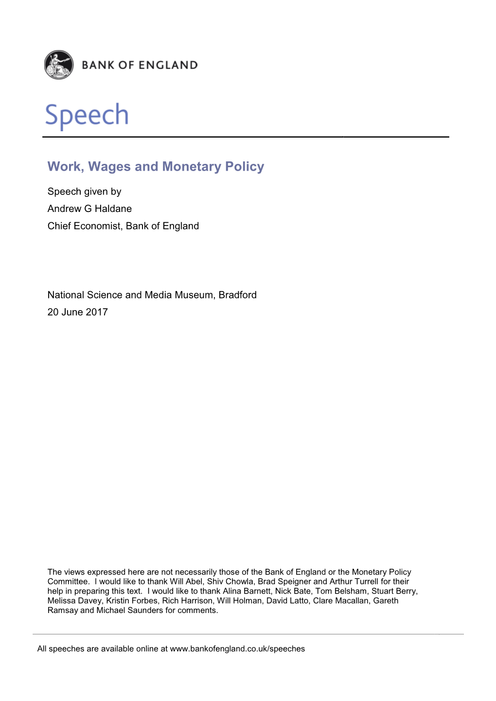 Andrew G Haldane: Work, Wages and Monetary Policy