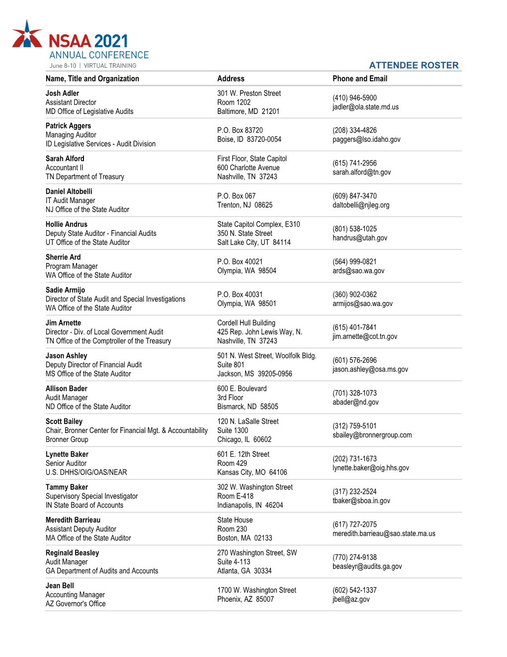 ATTENDEE ROSTER Name, Title and Organization Address Phone and Email Josh Adler 301 W