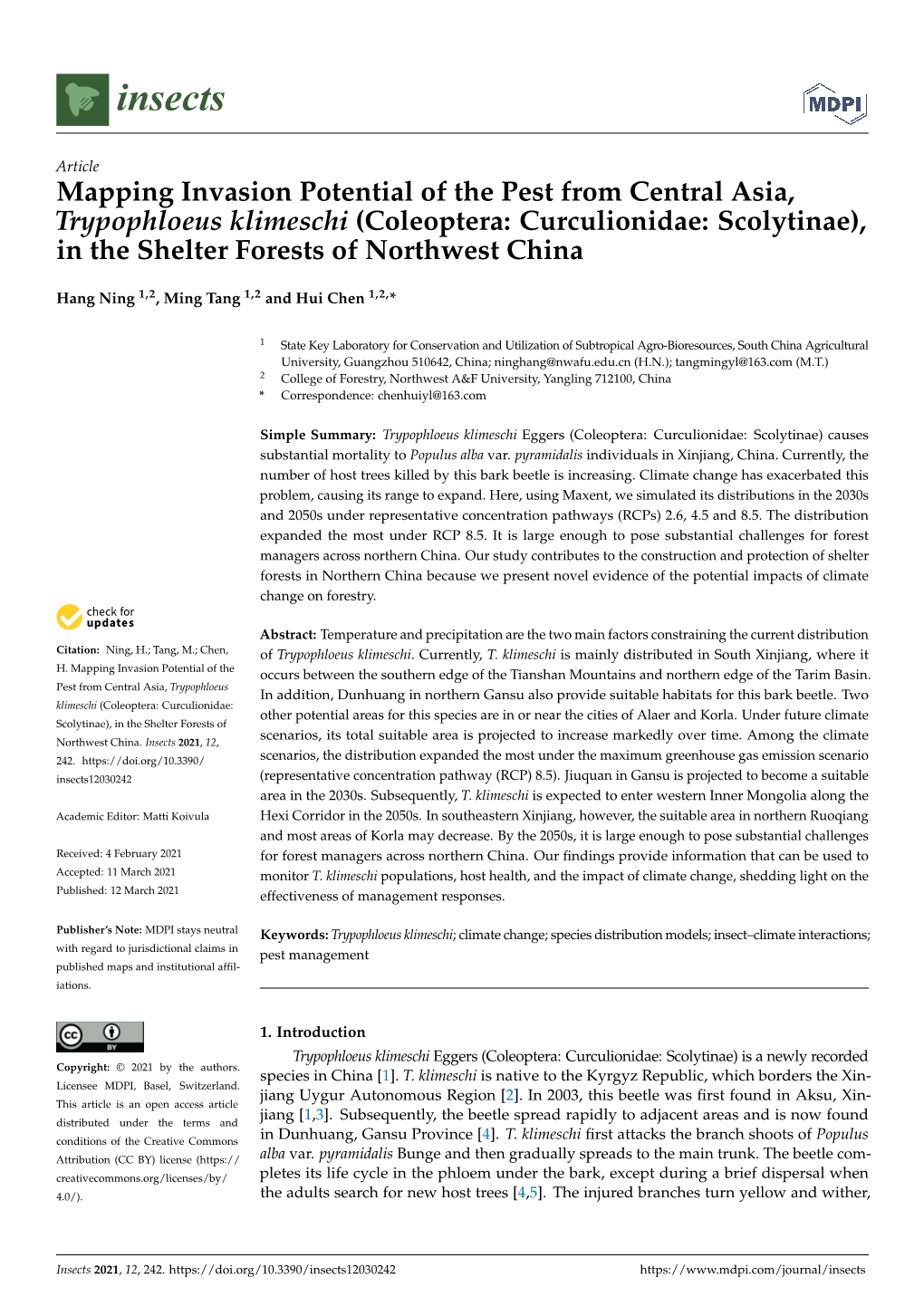 Mapping Invasion Potential of the Pest from Central Asia, Trypophloeus Klimeschi (Coleoptera: Curculionidae: Scolytinae), in the Shelter Forests of Northwest China