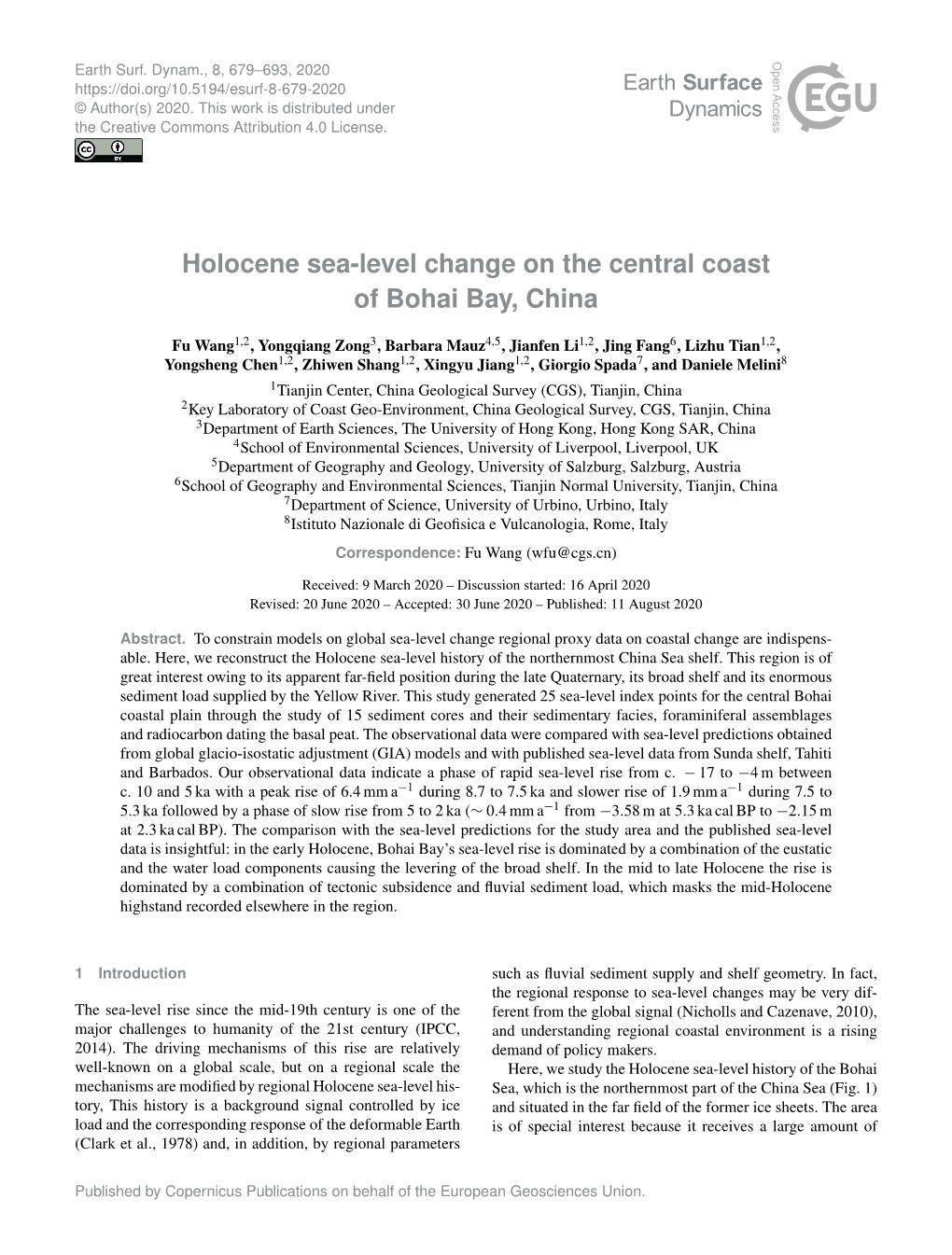 Holocene Sea-Level Change on the Central Coast of Bohai Bay, China