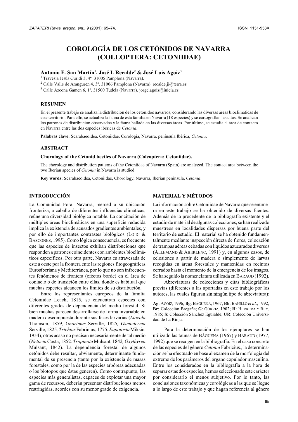 Corología De Los Cetónidos De Navarra (Coleoptera: Cetoniidae)