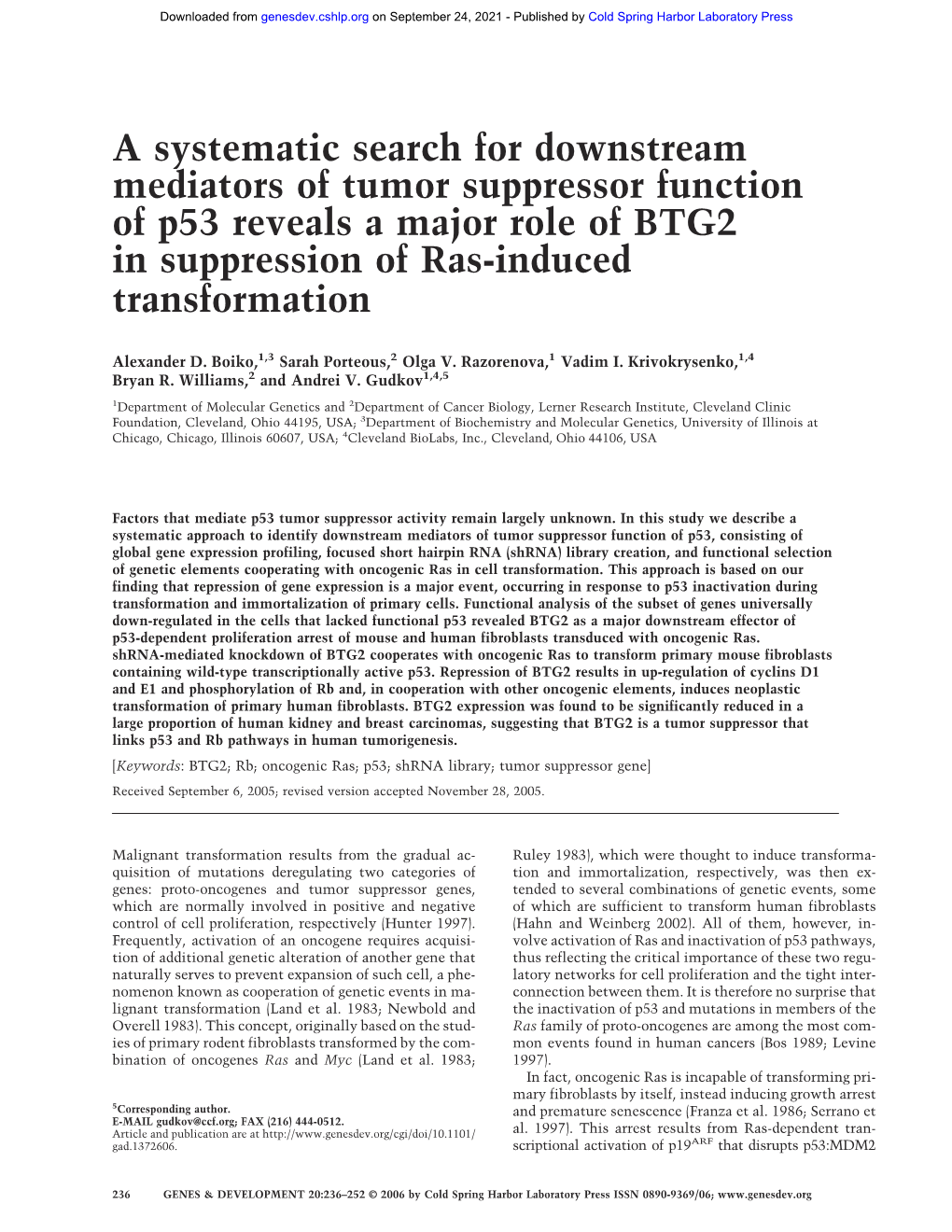 A Systematic Search for Downstream Mediators of Tumor Suppressor Function of P53 Reveals a Major Role of BTG2 in Suppression of Ras-Induced Transformation