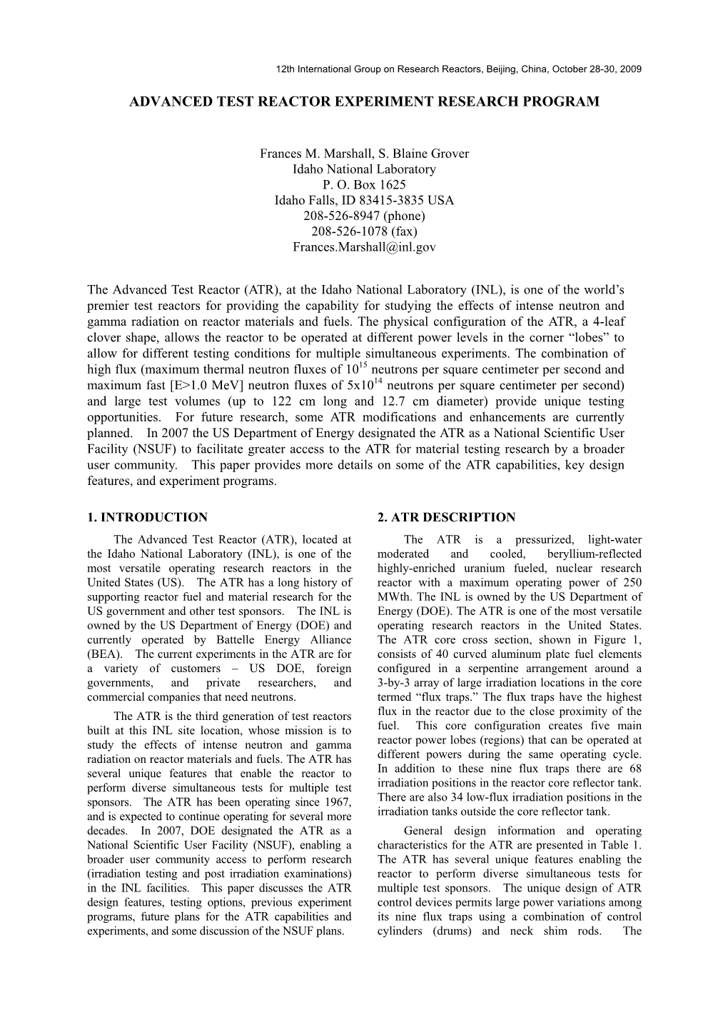 Advanced Test Reactor Experiment Research Program