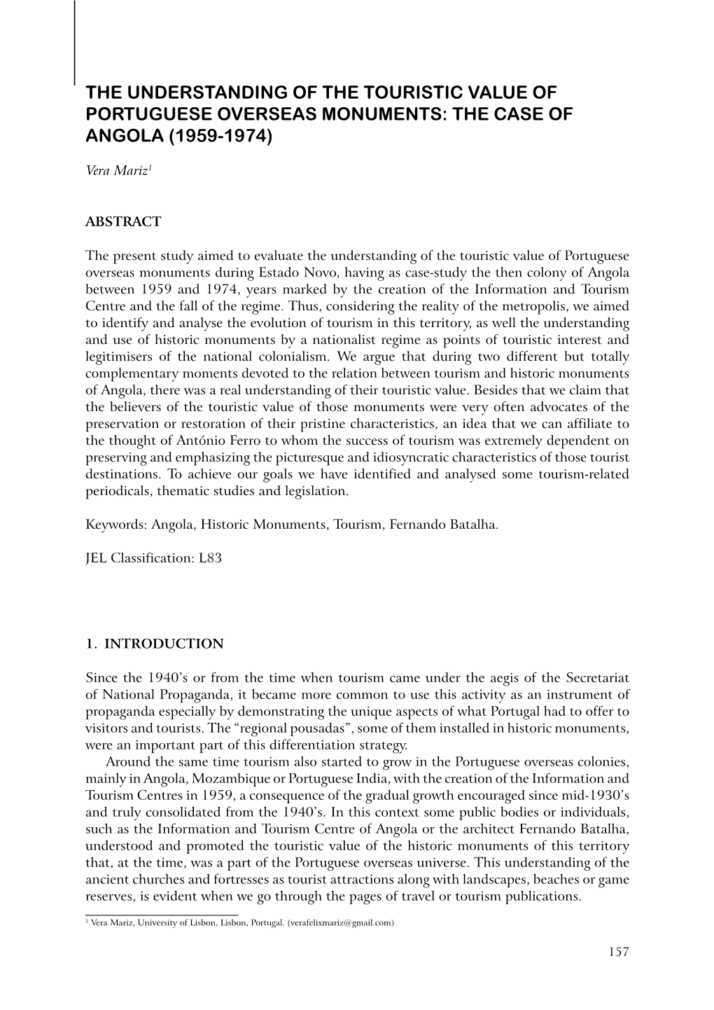 The Understanding of the Touristic Value of Portuguese Overseas Monuments: the Case of Angola (1959-1974)