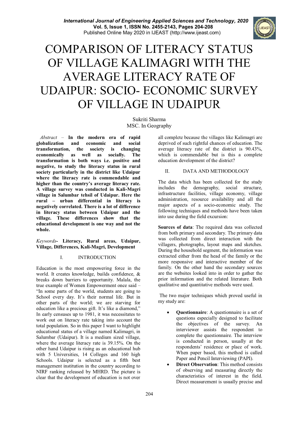 Socio- Economic Survey of Village in Udaipur