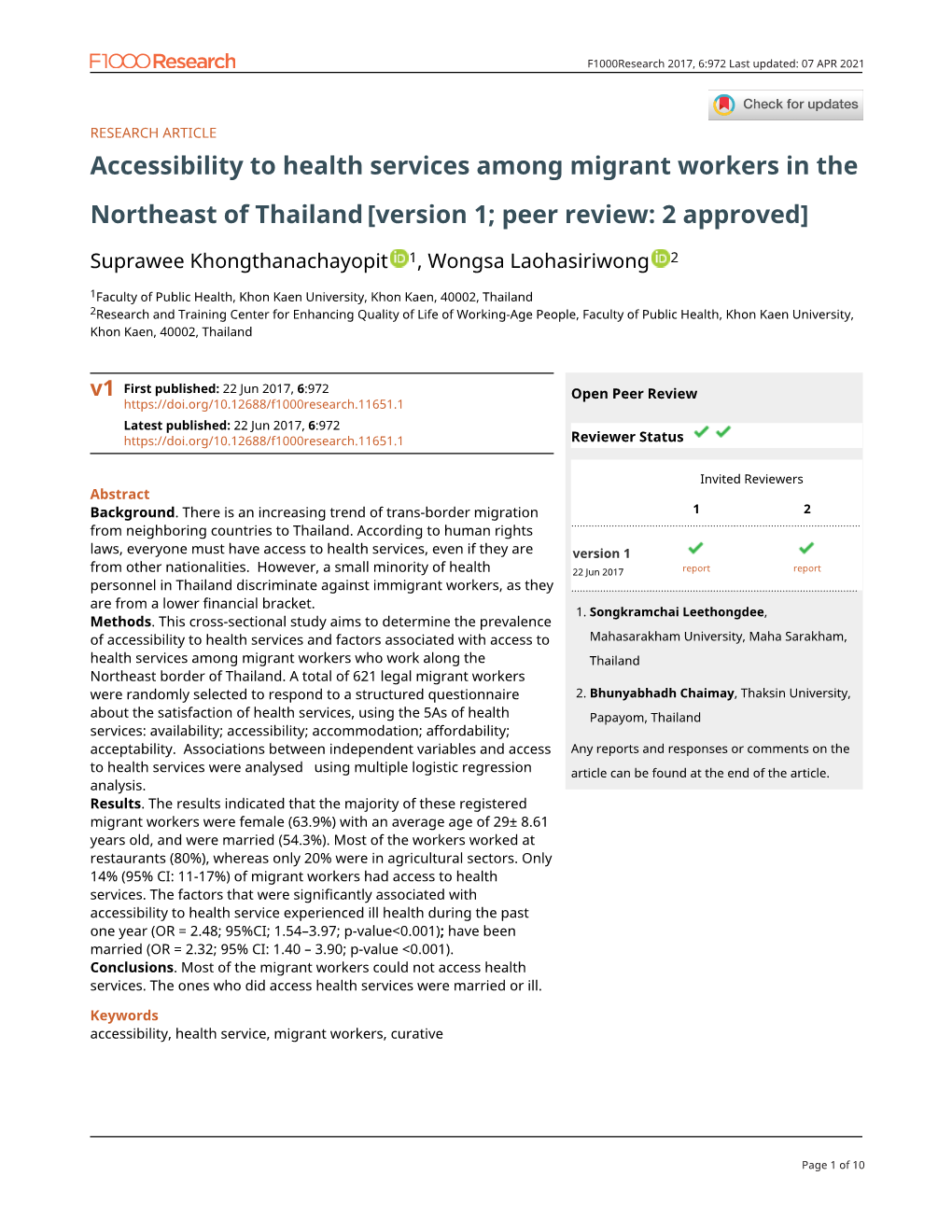 Accessibility to Health Services Among Migrant Workers in the Northeast of Thailand[Version 1; Peer Review: 2 Approved]