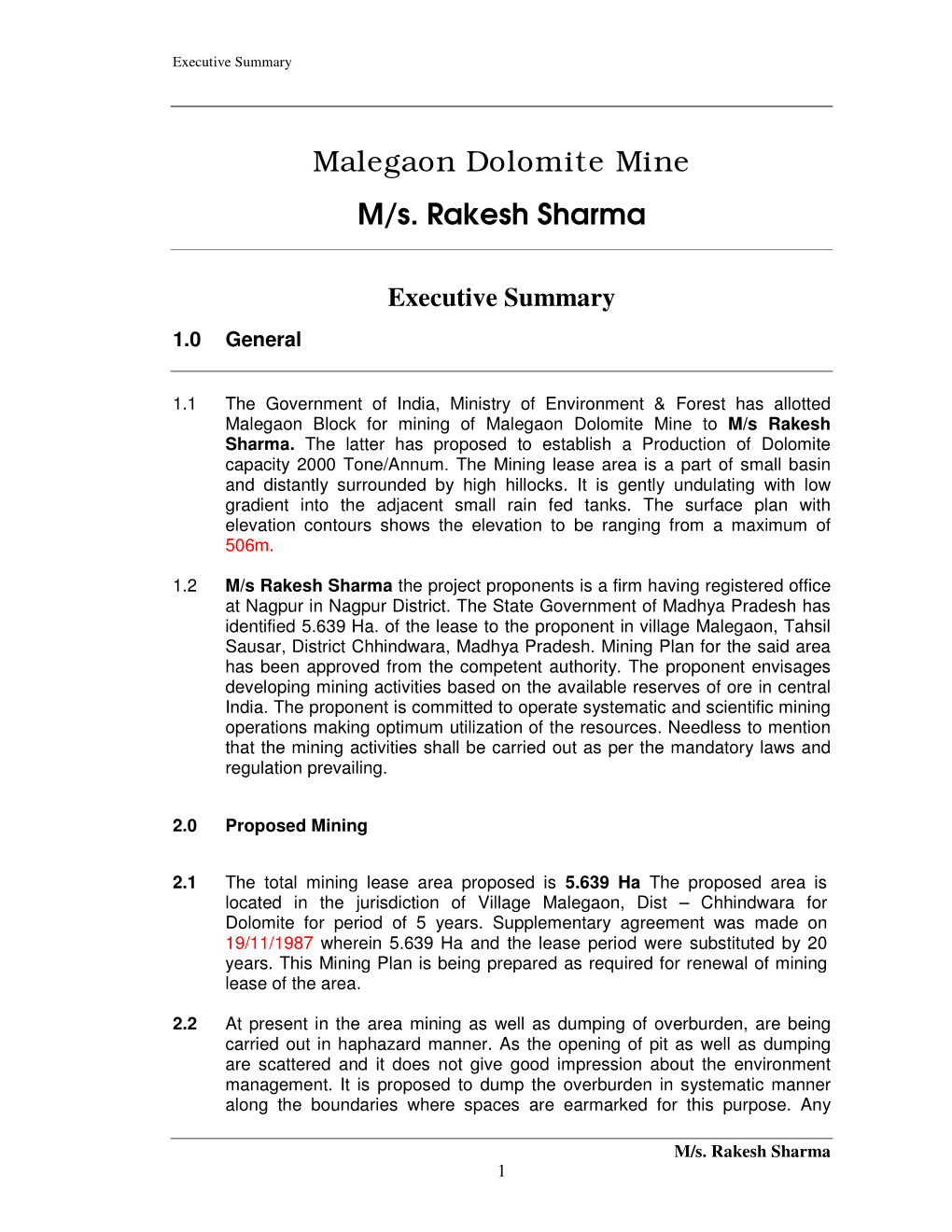 Malegaon Dolomite Mine M/S. Rakesh Sharma