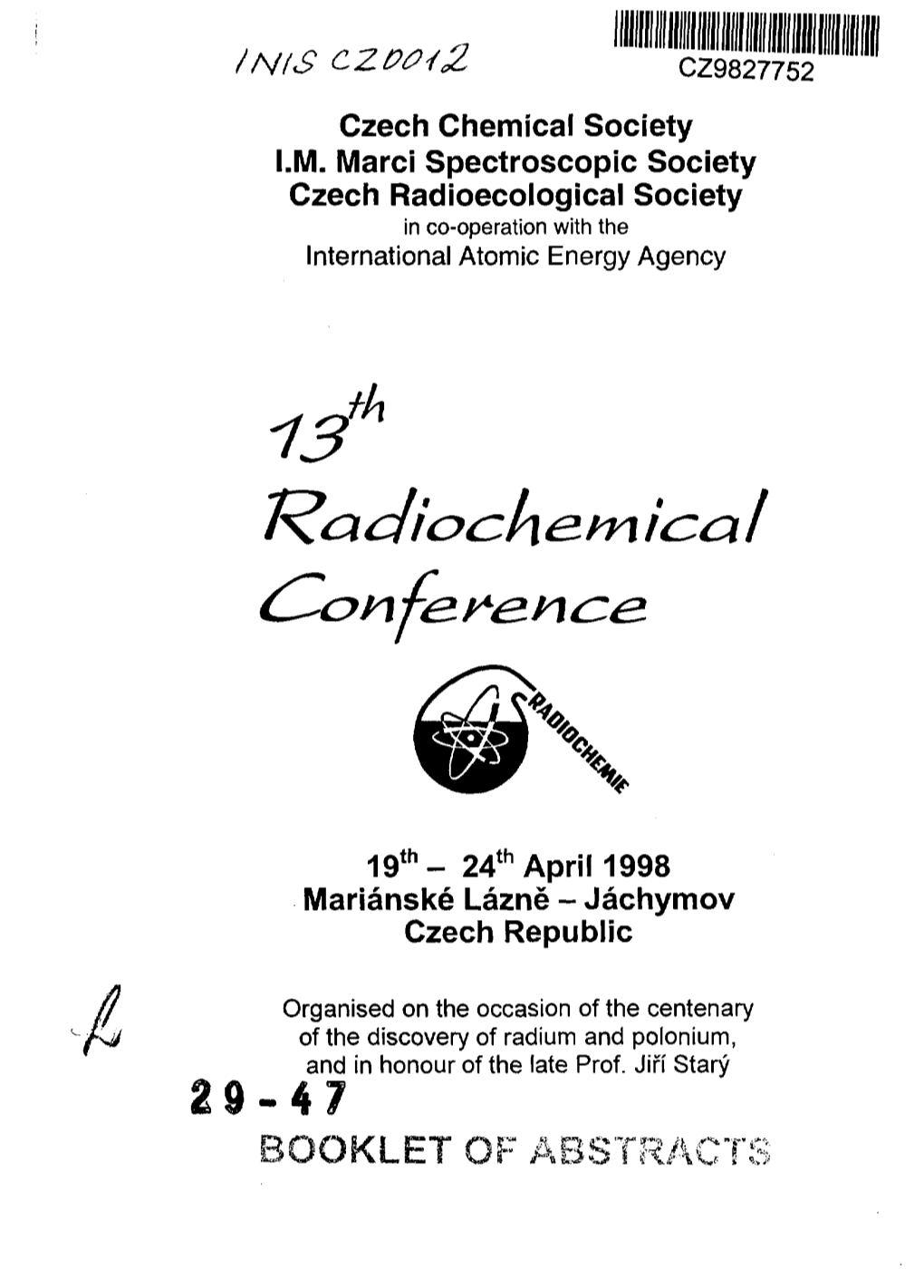 BOOKLET of ABSTRACTS /F\/(SJ Czech Chemical Society I.M