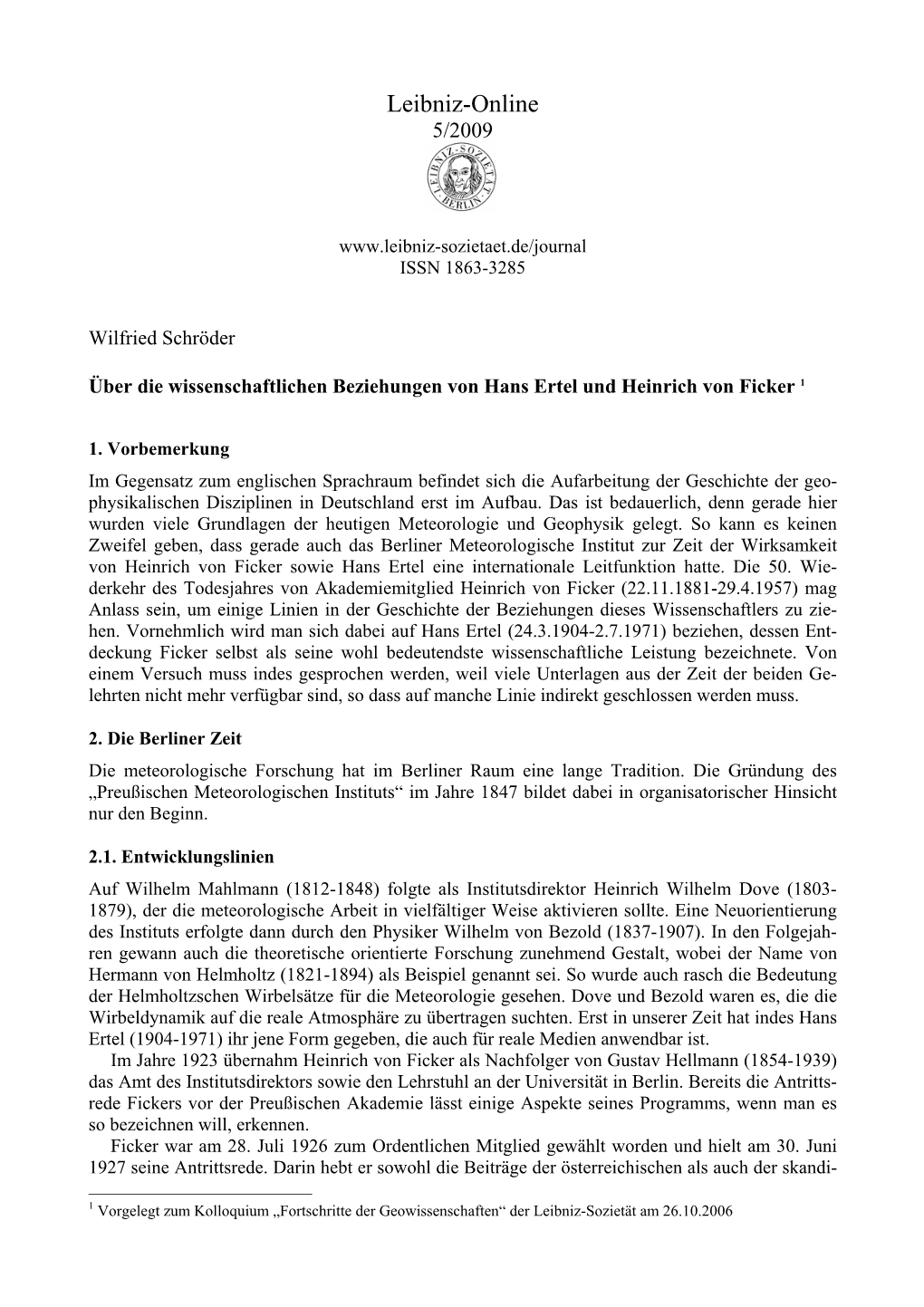 Über Die Wissenschaftlichen Beziehungen Von Hans Ertel Und Heinrich Von Ficker 1