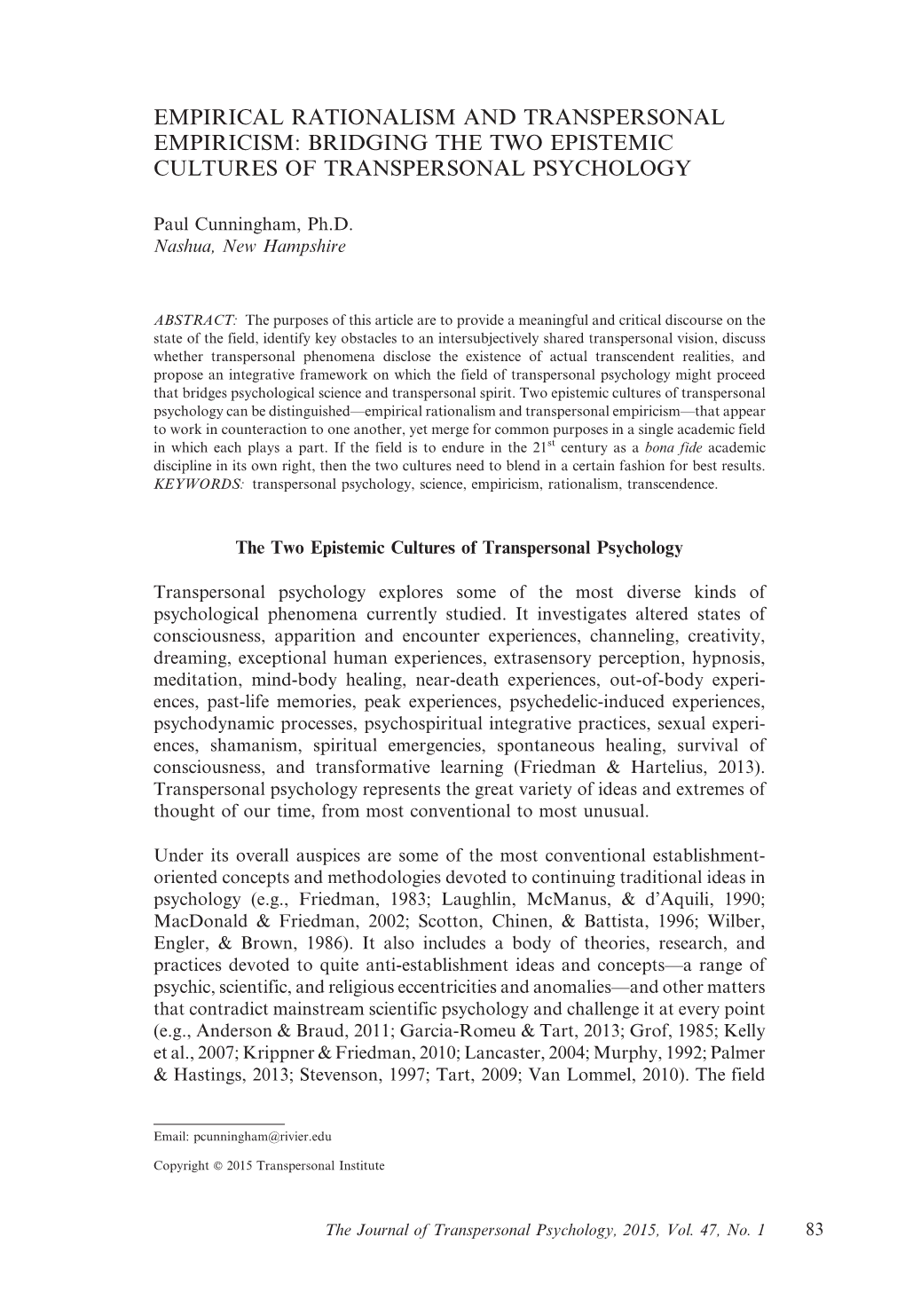 Empirical Rationalism and Transpersonal Empiricism: Bridging the Two Epistemic Cultures of Transpersonal Psychology