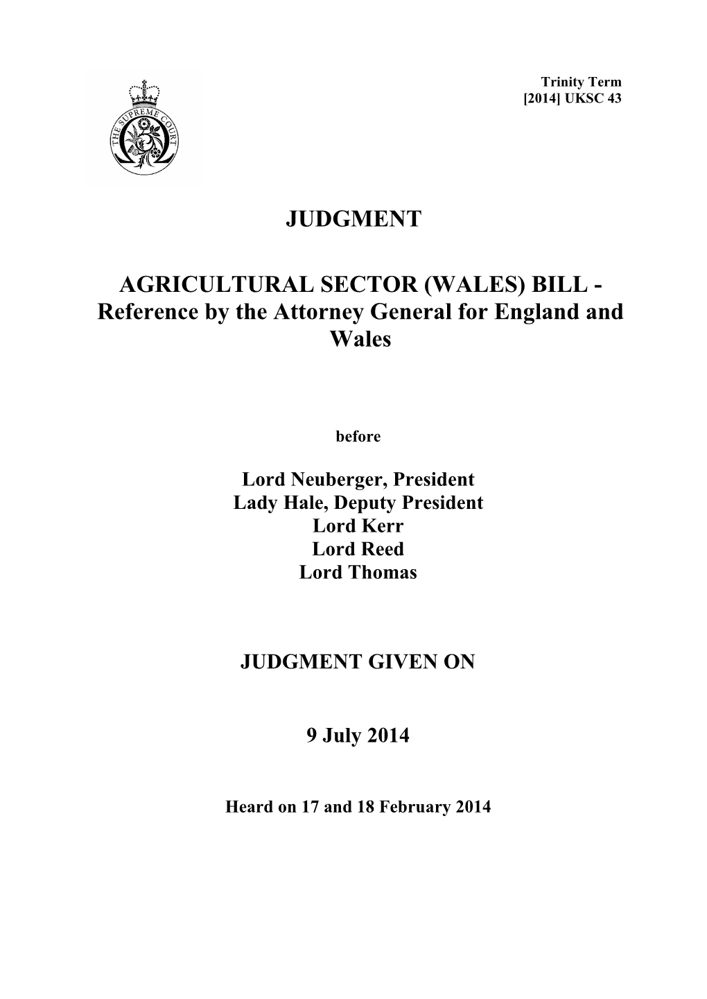 AGRICULTURAL SECTOR (WALES) BILL - Reference by the Attorney General for England and Wales