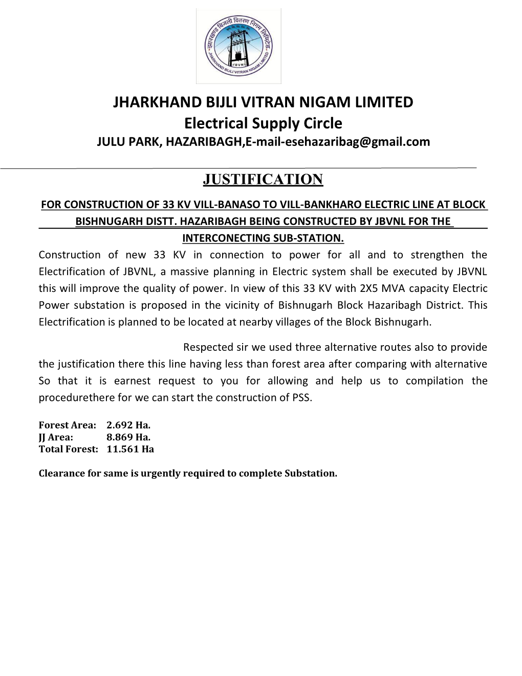 JHARKHAND BIJLI VITRAN NIGAM LIMITED Electrical Supply Circle JULU PARK, HAZARIBAGH,E‐Mail‐Esehazaribag@Gmail.Com