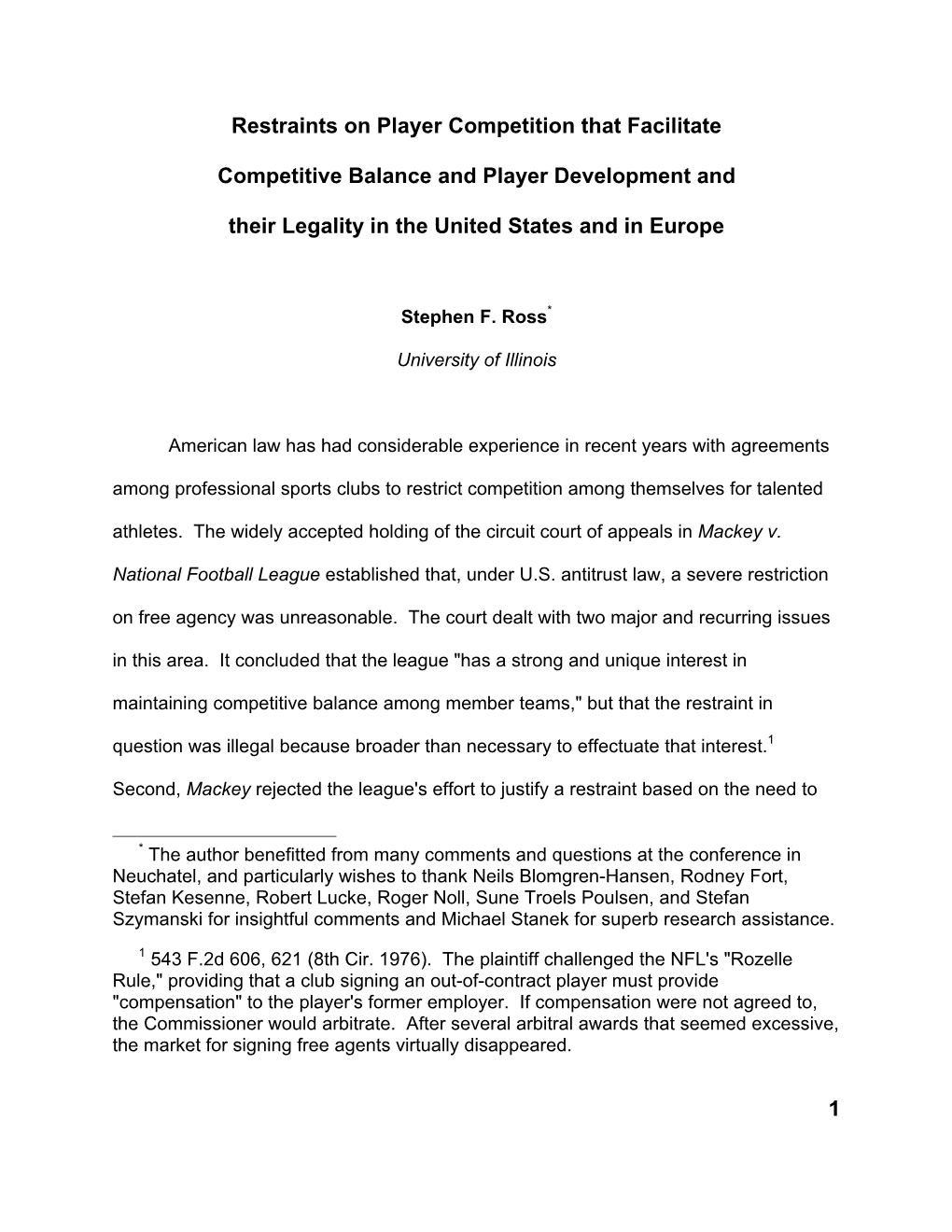 1 Restraints on Player Competition That Facilitate Competitive Balance