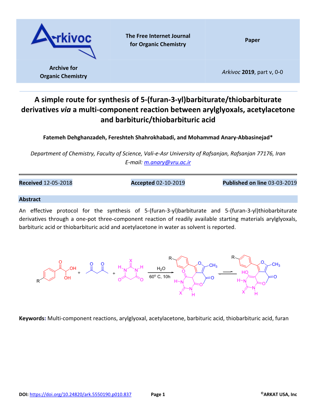 (Furan-3-Yl)Barbiturate/Thiobarbiturate Derivatives Via a Multi-Component Reaction Between Arylglyoxals, Acetylacetone and Barbituric/Thiobarbituric Acid