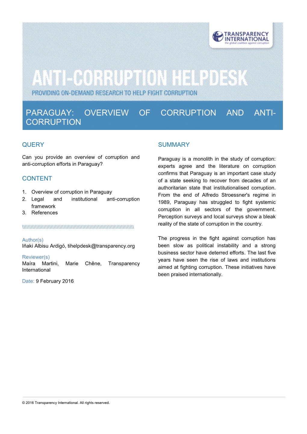 Paraguay: Overview of Corruption and Anti- Corruption