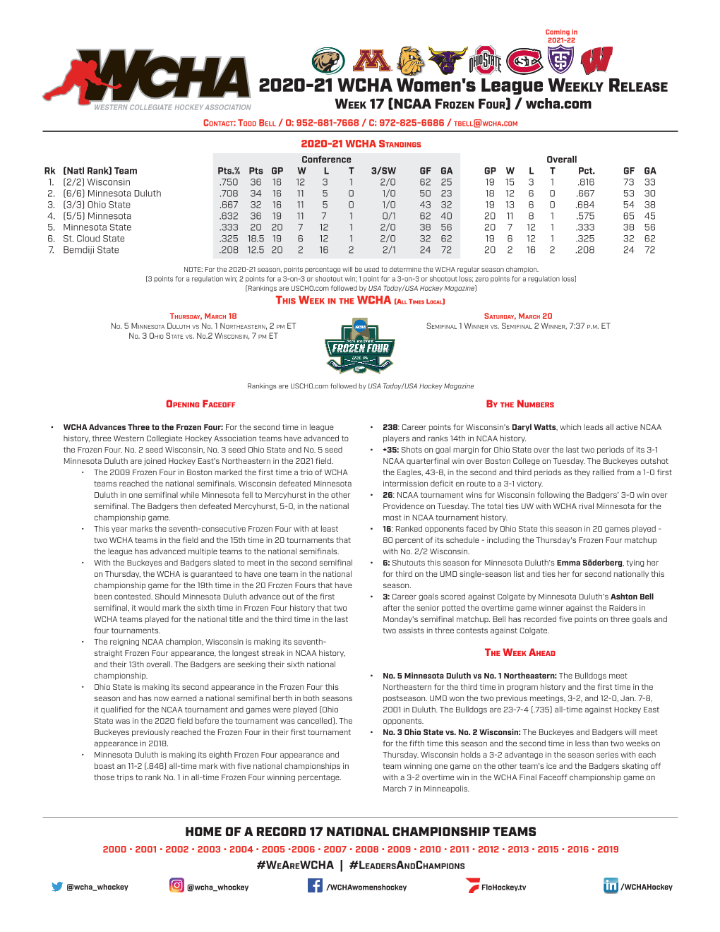 2020-21 WCHA Women's League WEEKLY RELEASE WEEK 17 (NCAA FROZEN FOUR) / Wcha.Com