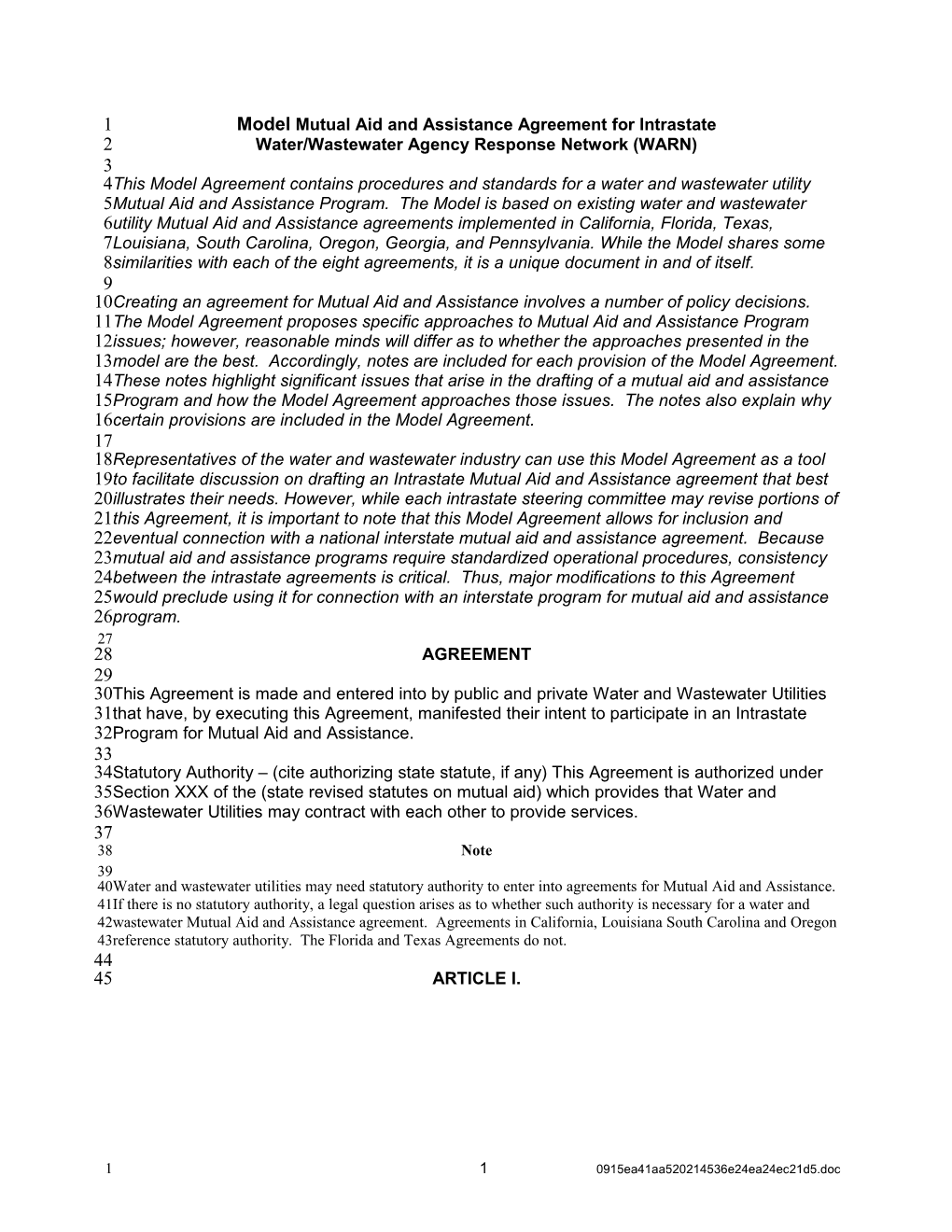 Model Mutual Aid and Assistance Agreement for Intrastate