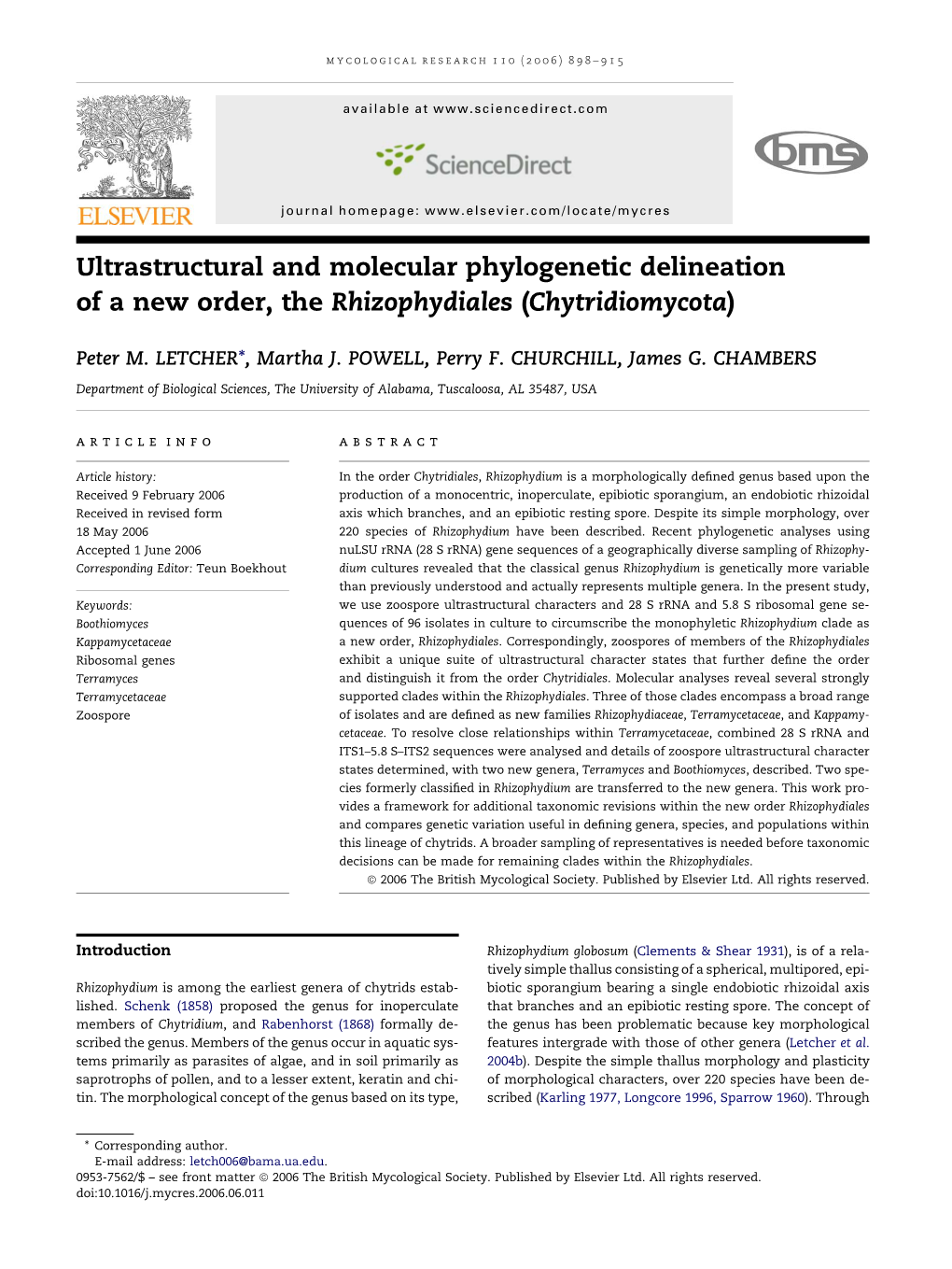 Ultrastructural and Molecular Phylogenetic Delineation of a New Order, the Rhizophydiales (Chytridiomycota)