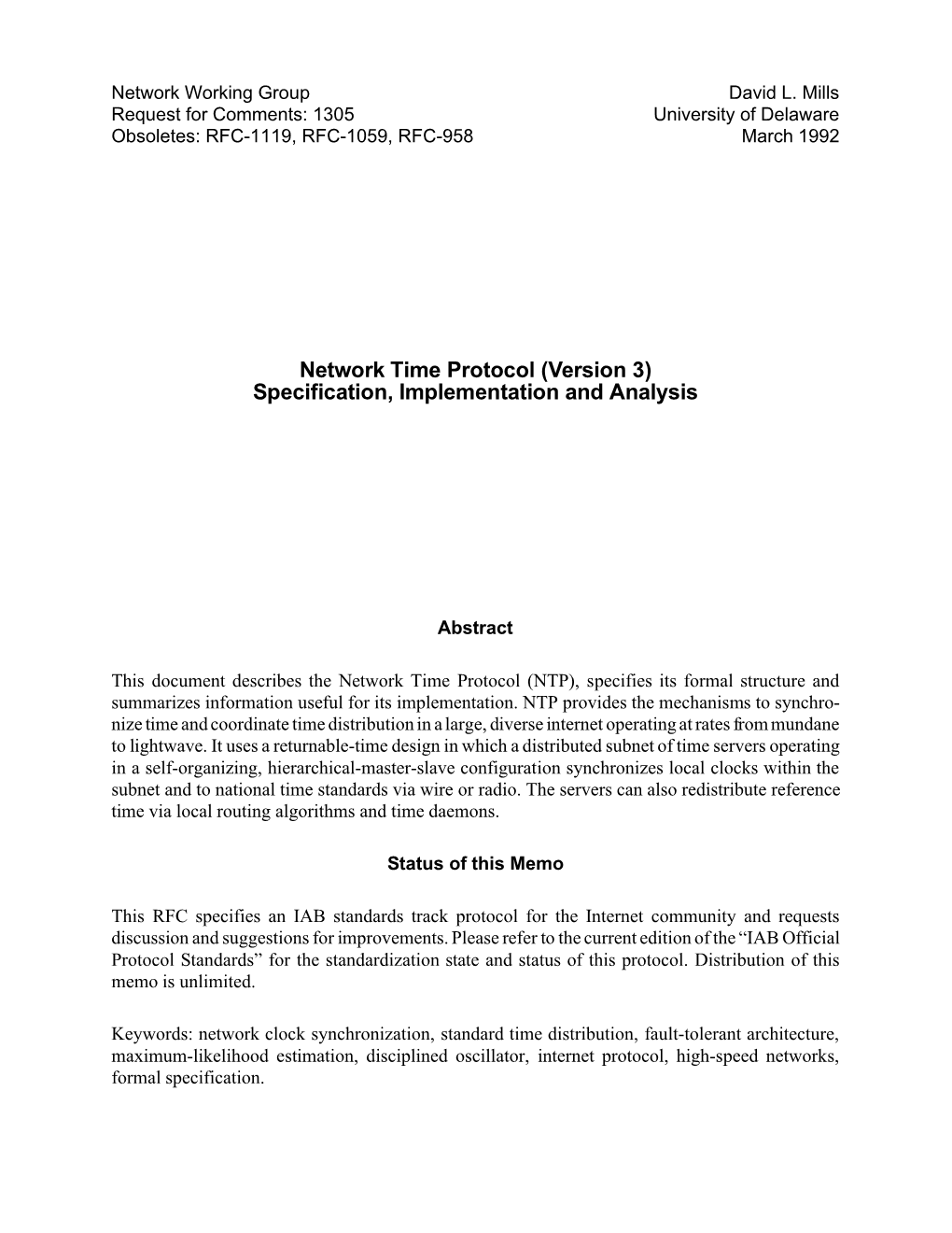 Network Time Protocol (Version 3) Specification, Implementation and Analysis