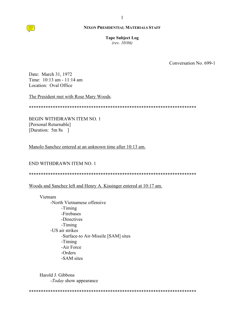 Oval #699: March 31, 1972 [Complete Tape Subject Log]