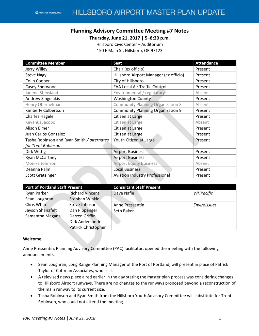 Planning Advisory Committee Meeting #7 Notes Thursday, June 21, 2017 | 5–8:20 P.M