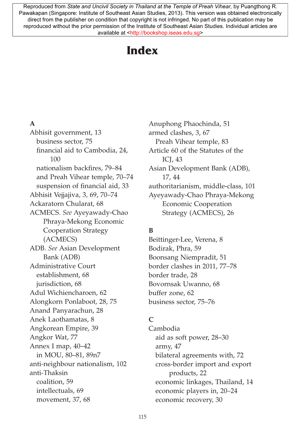 A Abhisit Government, 13 Business Sector, 75 Financial Aid to Cambodia