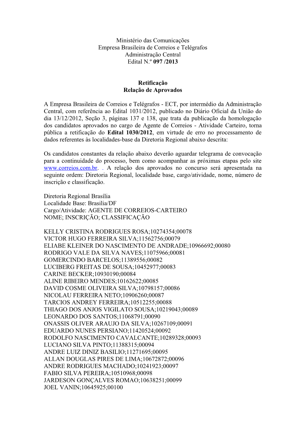 Ministério Das Comunicações Empresa Brasileira De Correios E Telégrafos Administração Central Edital N.º 097 /2013