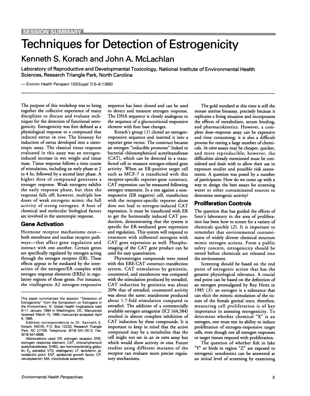 Techniques for Detection of Estrogenicity Kenneth S