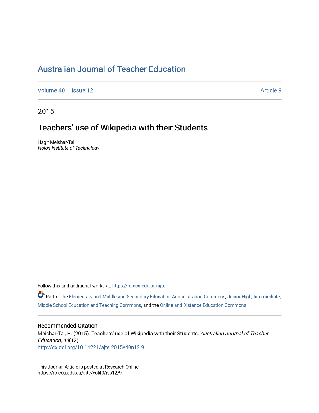 Teachers' Use of Wikipedia with Their Students