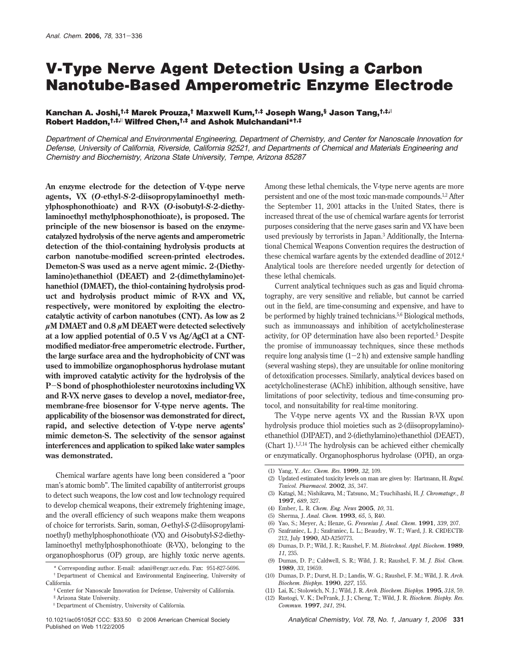 V-Type Nerve Agent Detection Using a Carbon Nanotube-Based Amperometric Enzyme Electrode