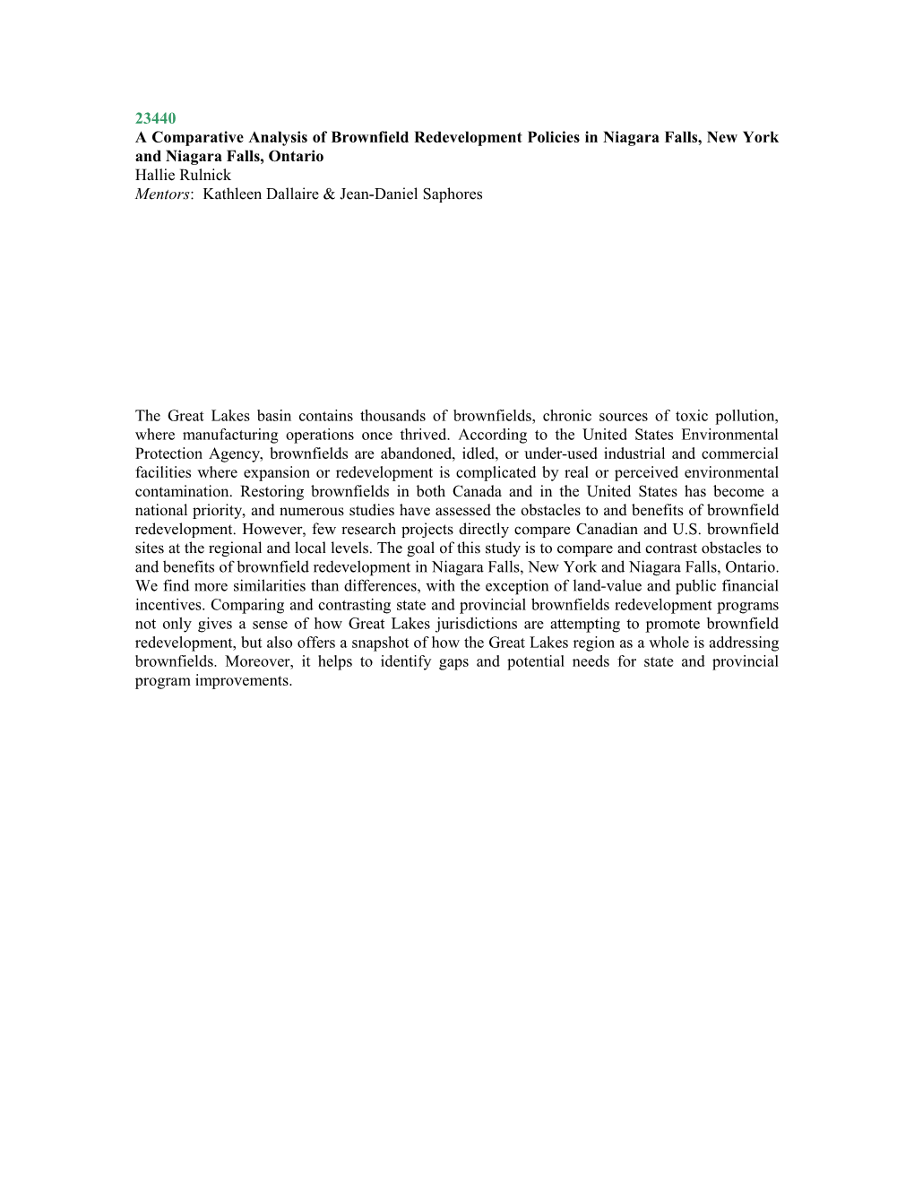 A Comparative Analysis Of Brownfield Redevelopment In Niagara Falls, New York And Niagara Falls, Ontario