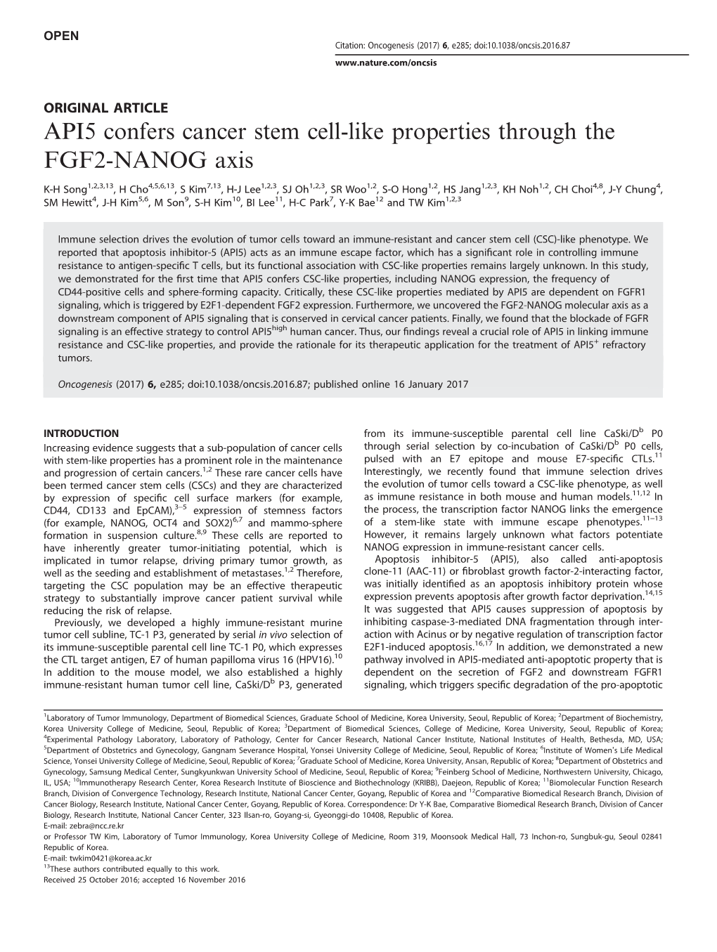 API5 Confers Cancer Stem Cell-Like Properties Through the FGF2-NANOG Axis