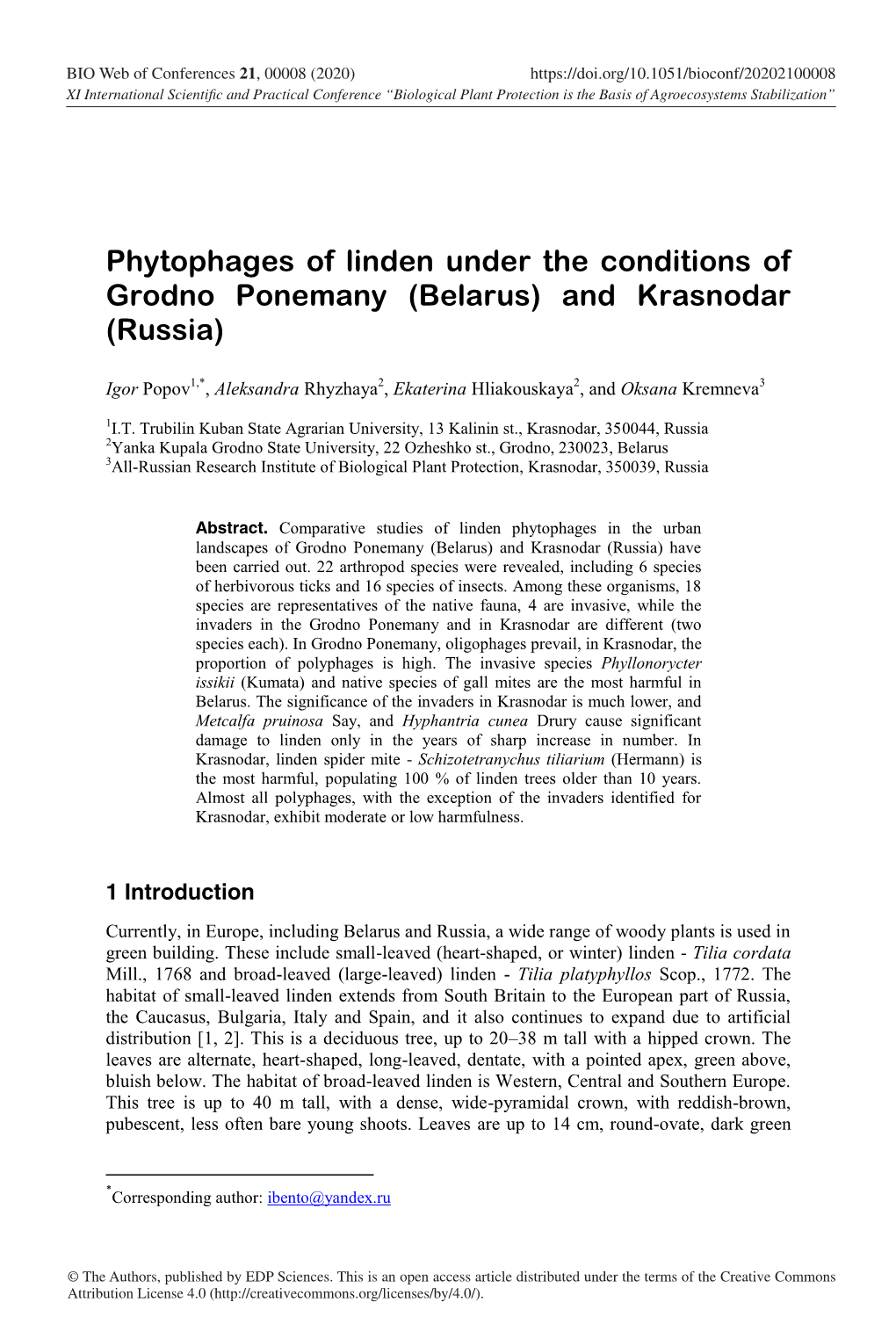 Phytophages of Linden Under the Conditions of Grodno Ponemany (Belarus) and Krasnodar (Russia)