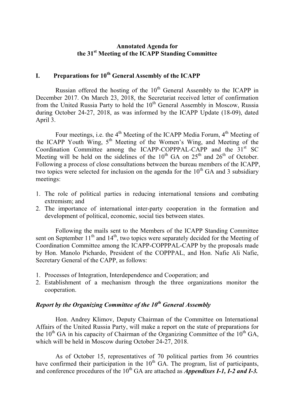Annotated Agenda for the 31 Meeting of the ICAPP Standing Committee I