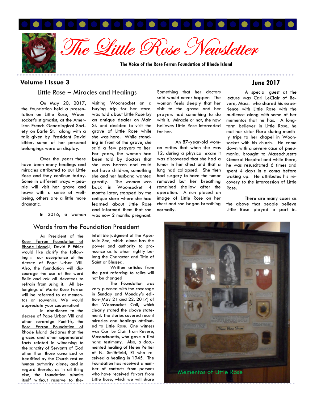 The Little Rose Newsletter the Voice of the Rose Ferron Foundation of Rhode Island