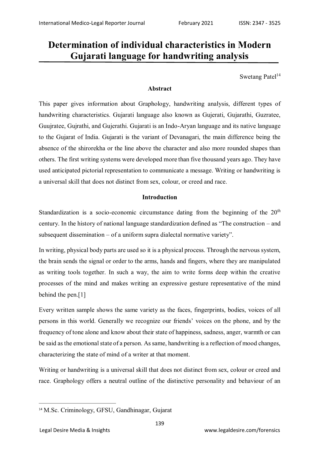 Determination of Individual Characteristics in Modern Gujarati Language for Handwriting Analysis