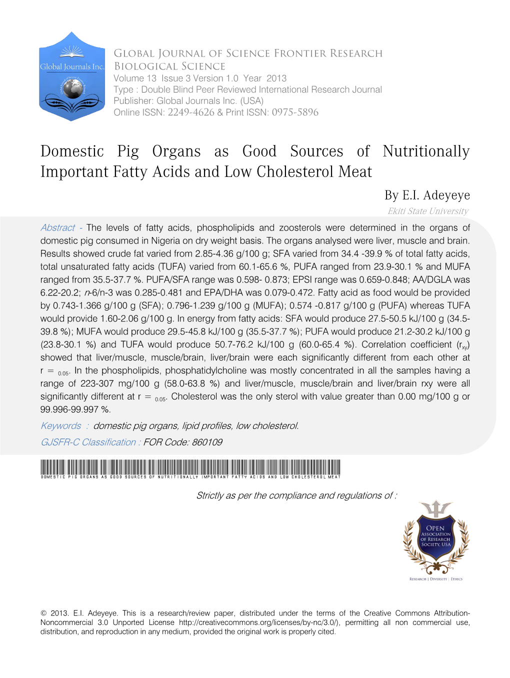 Domestic Pig Organs As Good Sources of Nutritionally Important Fatty Acids and Low Cholesterol Meat by E.I