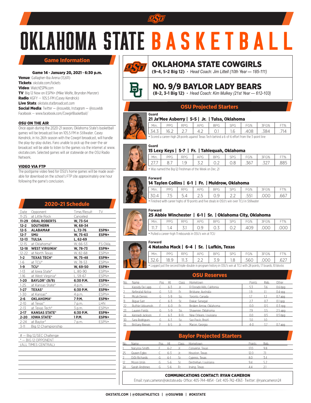 Oklahoma State Cowgirls No. 9/9 Baylor Lady Bears