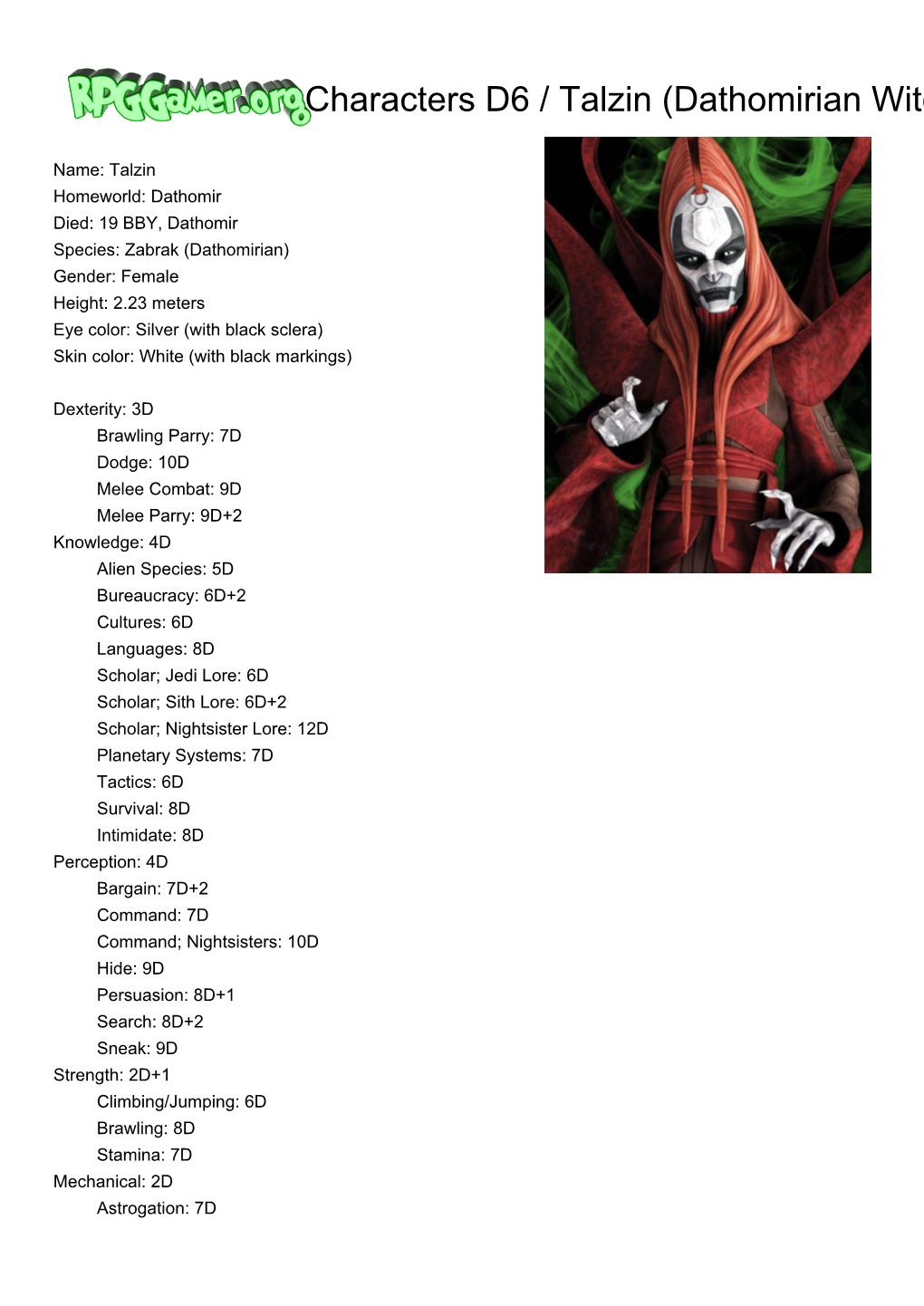 Rpggamer.Org (Characters D6 / Talzin (Dathomirian Witch)) Printer Friendly