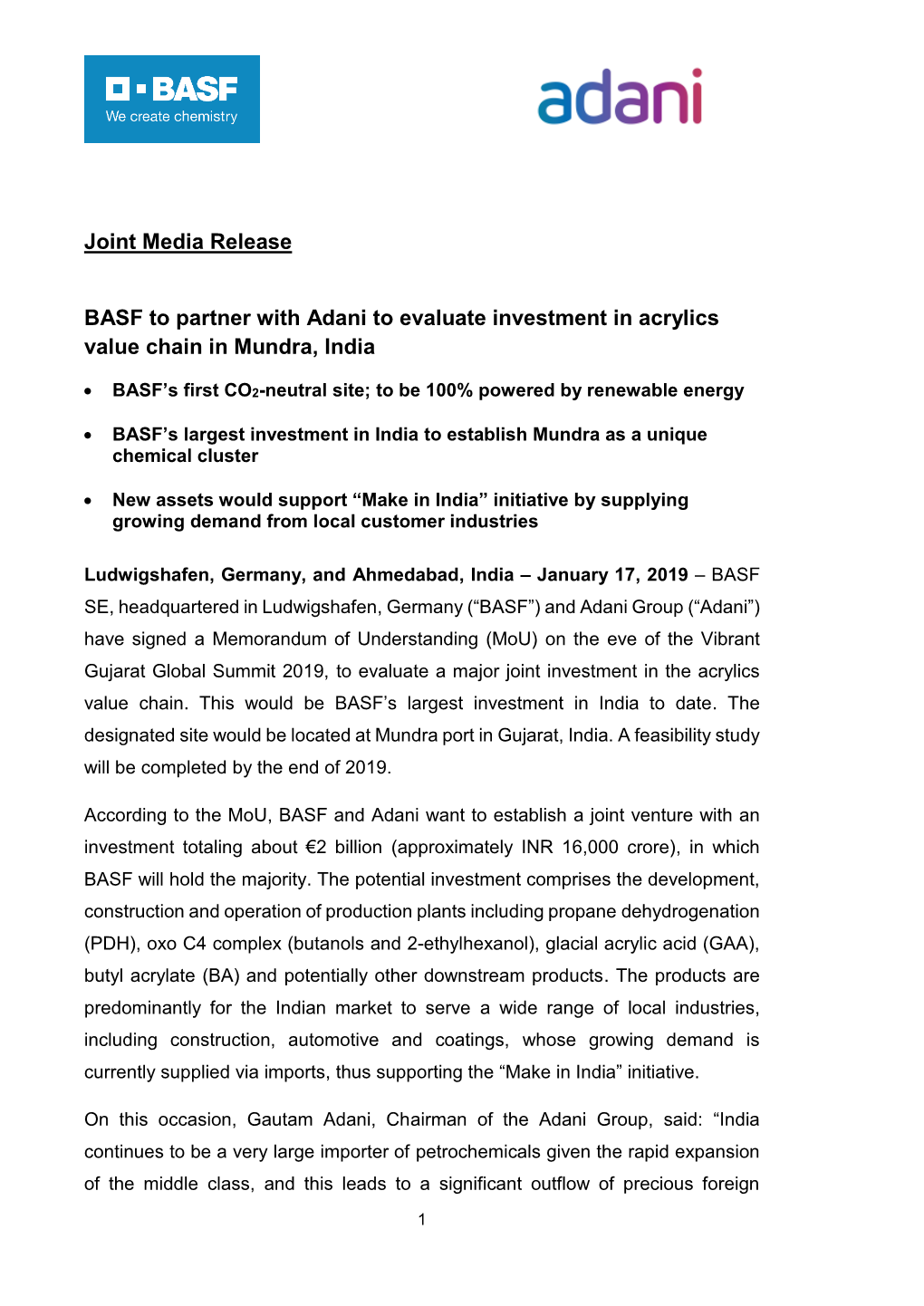 Joint Media Release BASF to Partner with Adani to Evaluate Investment in Acrylics Value Chain in Mundra, India