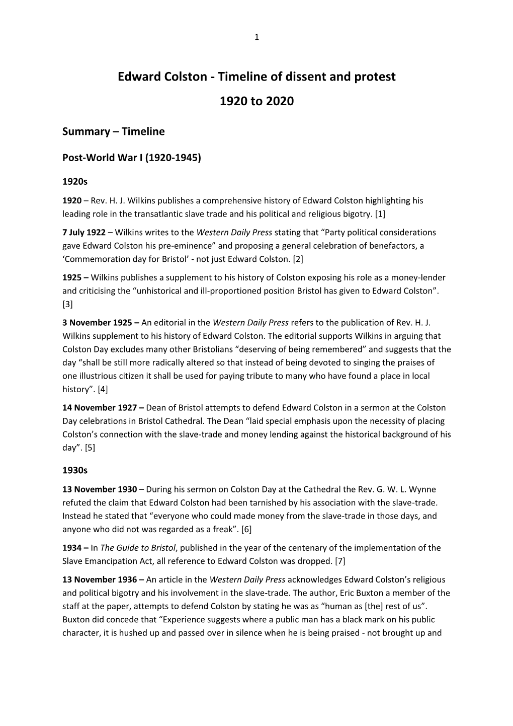 Edward Colston - Timeline of Dissent and Protest 1920 to 2020