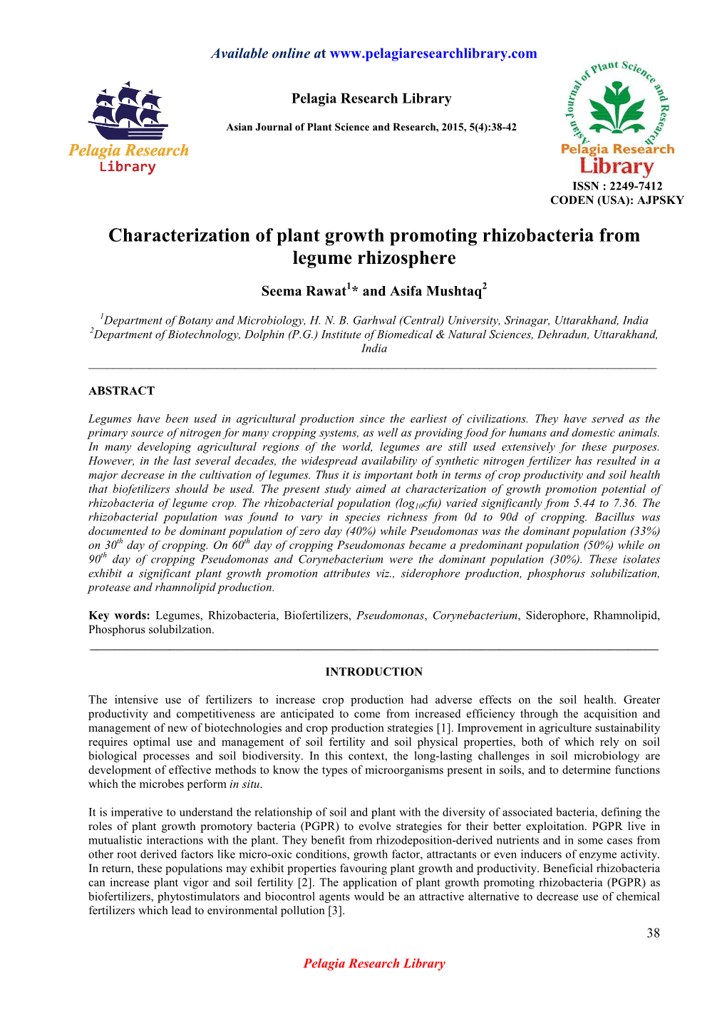Characterization of Plant Growth Promoting Rhizobacteria from Legume Rhizosphere