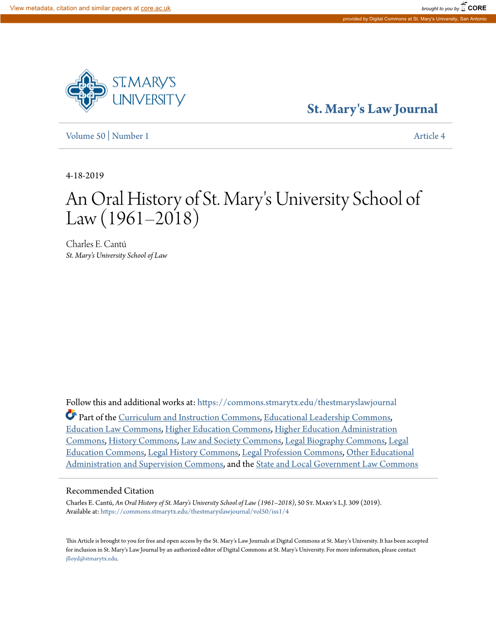 An Oral History of St. Mary's University School of Law (1961–2018) Charles E