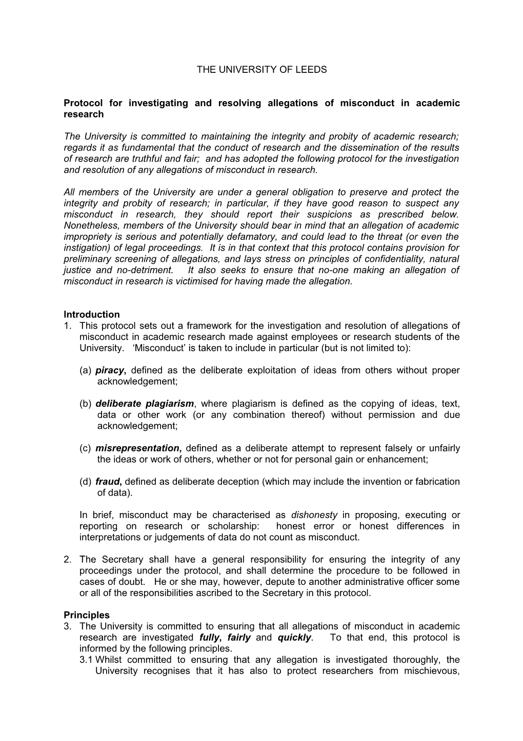 Protocol for Investigating and Resolving Allegations of Misconduct in Academic Research