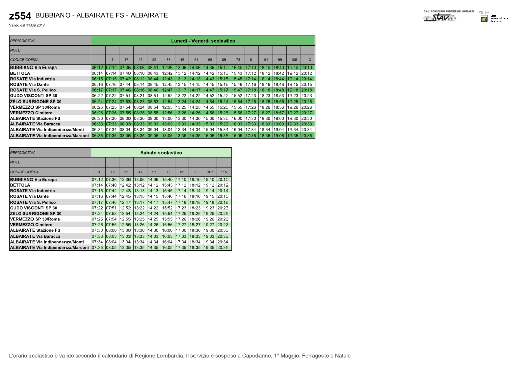 Z554 BUBBIANO - ALBAIRATE FS - ALBAIRATE Valido Dal 11.09.2017