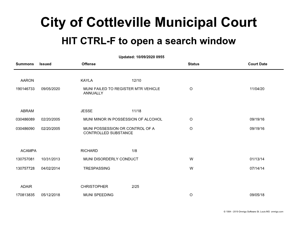 City of Cottleville Municipal Court HIT CTRL-F to Open a Search Window