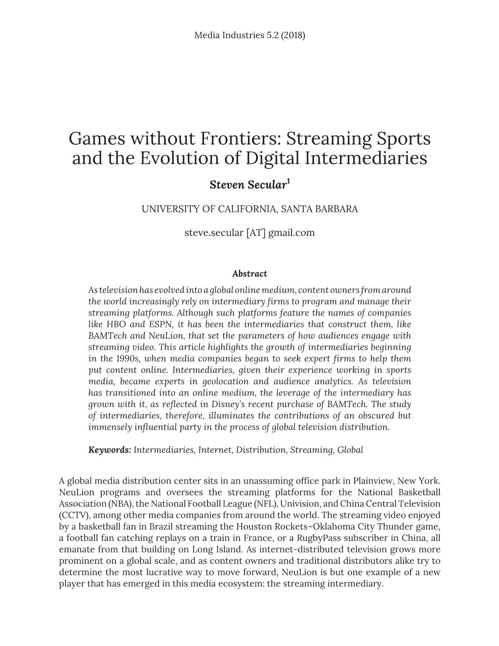 Games Without Frontiers: Streaming Sports and the Evolution of Digital Intermediaries