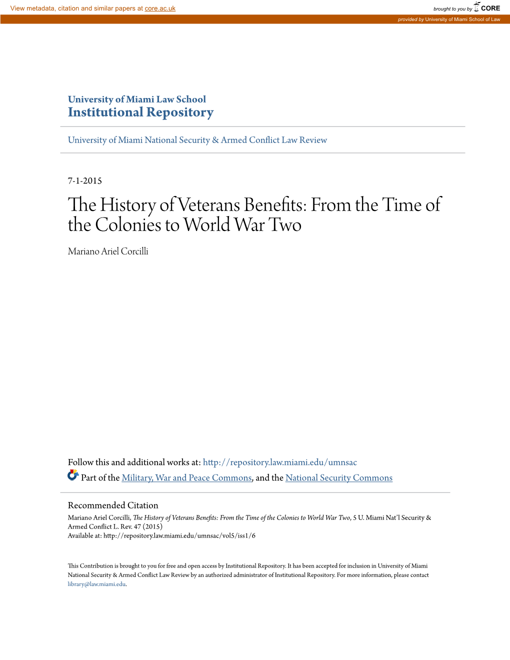 The History of Veterans Benefits: Rf Om the Time of the Colonies to World War Two, 5 U